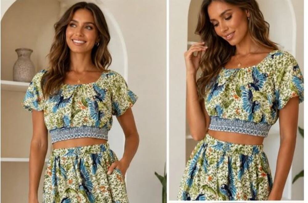 Alex Marie Linen Puff Sleeve Top Bondi Tropical Parrot Birds Under The Palms L